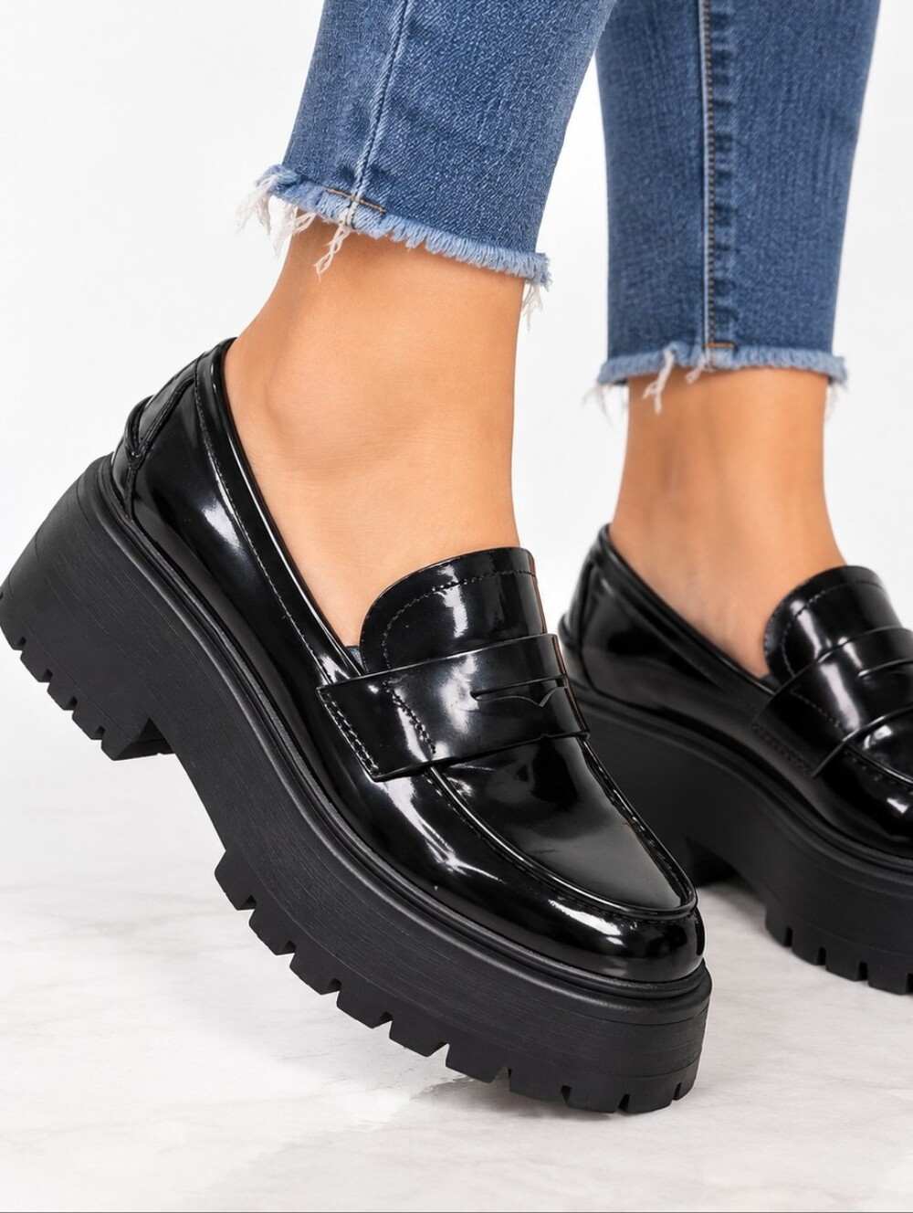 Steve Madden Black Chunky Platform Penny Loafers Lug Sole Women's Size 10